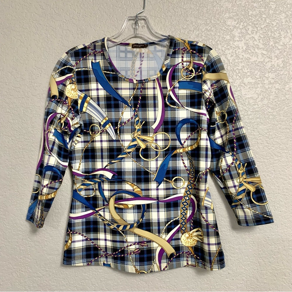 J McLaughlin Signature Tee Top Women S Catalina Cloth Equestrian Print Preppy